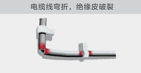 在安裝過程中，由于電線的彎曲半徑過小，或是線夾過緊，導致線纜絕緣皮破裂，產(chǎn)生電弧隱患
