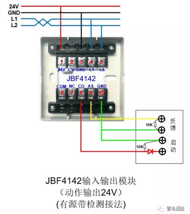 JBF4142輸入/輸出模塊動(dòng)作輸出24V（有源有檢測）接線圖